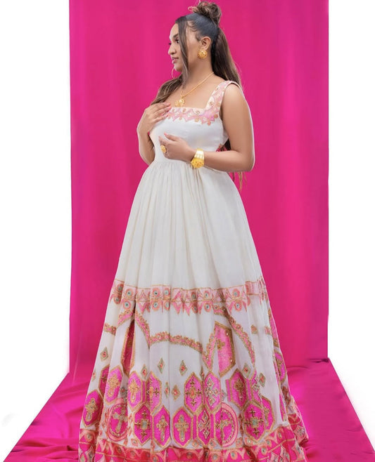 Gold embroidered Ethiopian pink Habesha dress for wedding