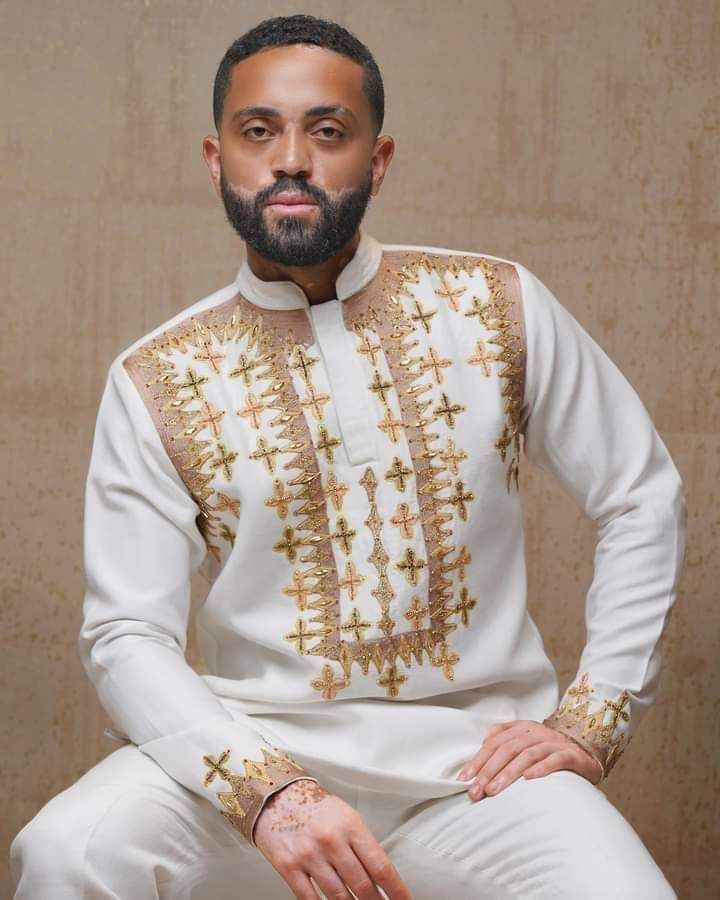 Habesha Men's Shirt with Gold Cross Embroidery – Authentic Ethiopian Traditional Outfit