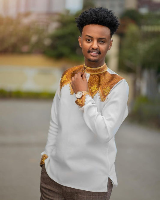 Habesha Men's Shirt with Gold & Scalloped Tibeb β Authentic Ethiopian Style