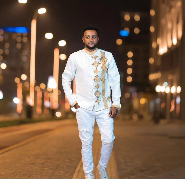 White Habesha Men's Shirt with Gold & Brown Geometric Embroidery – Subtle Side Detail