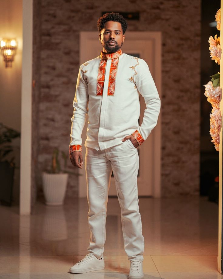 White Habesha Men's Shirt with Orange & White Tibeb – Classic Stand Collar
