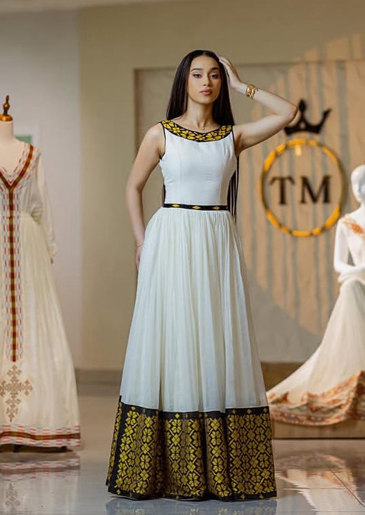 Beautiful Habesha Dress with Gold and Black Tibeb By Tsehaye Mehari– Handmade Ethiopian Dress for Celebrations