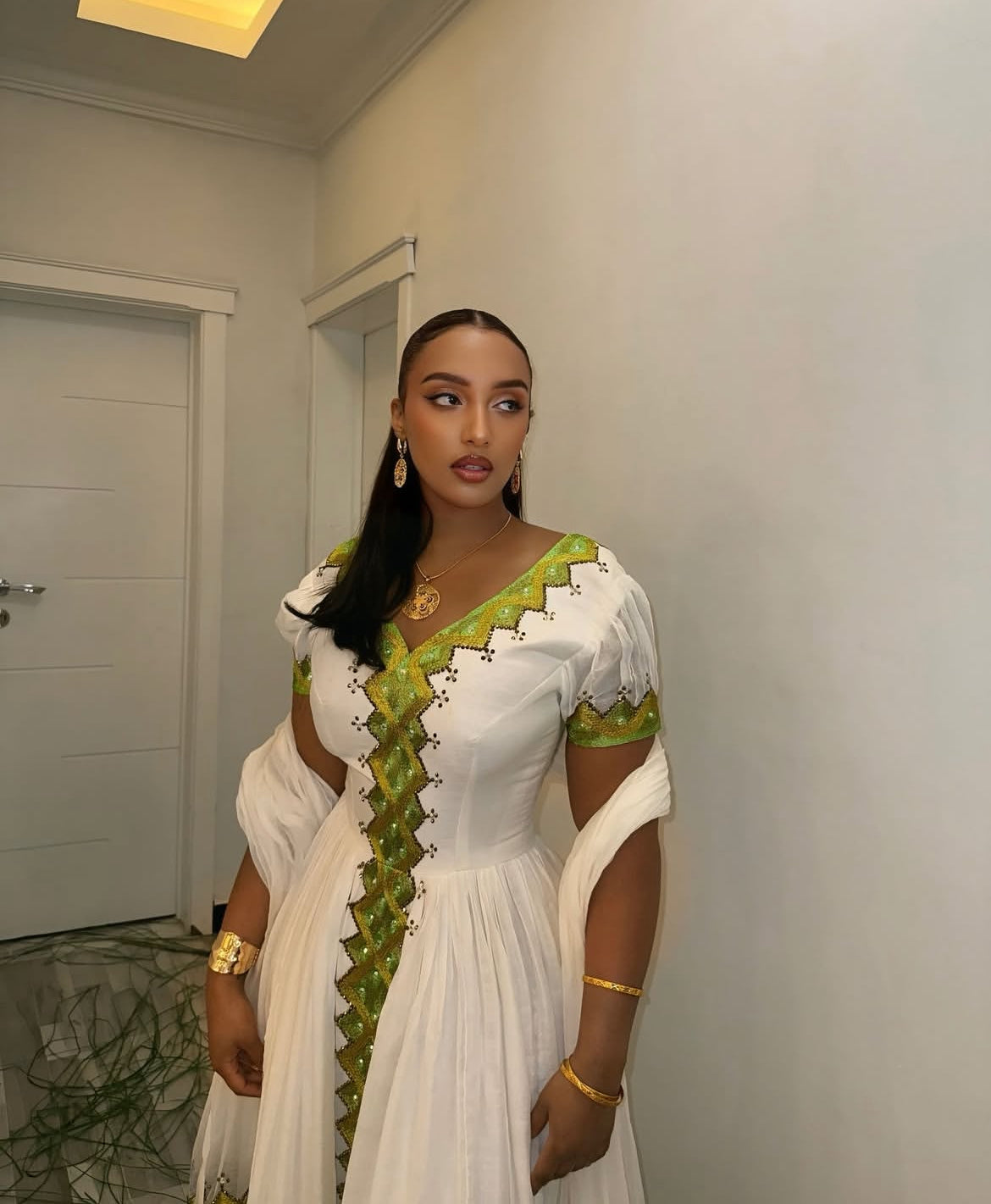 Ethiopian Dress - Traditional habesha Green tibeb for Holidays