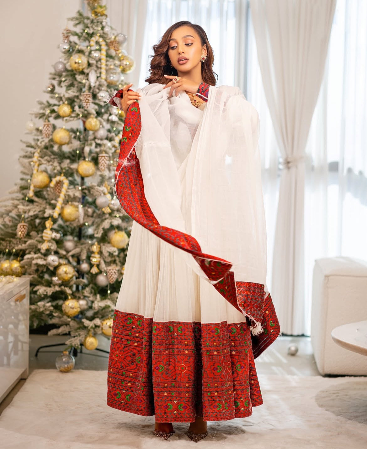 Habesha Dress – Traditional White Ethiopian Kemis with Red Borders