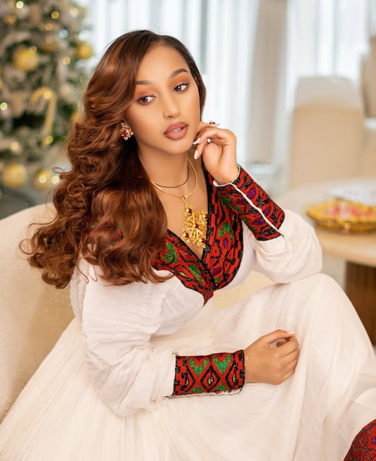 Habesha Dress β Traditional White Ethiopian Kemis with Red Borders