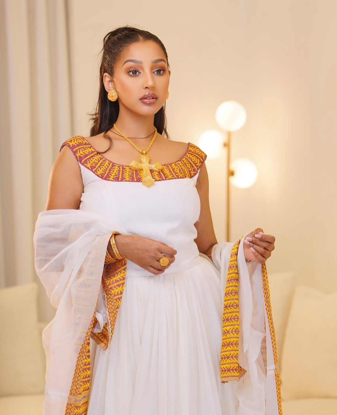 Ethiopian Store – White Traditional Habesha Dress with Gold Embroidery
