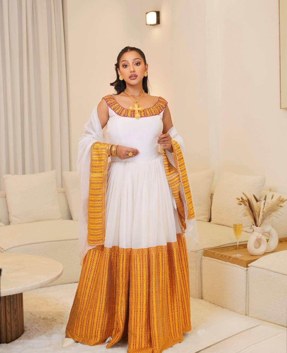 Ethiopian Store – White Traditional Habesha Dress with Gold Embroidery