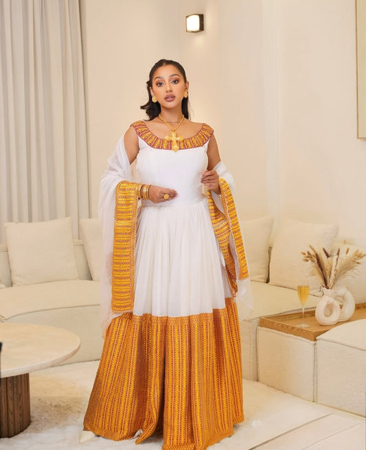 Ethiopian Store β White Traditional Habesha Dress with Gold Embroidery