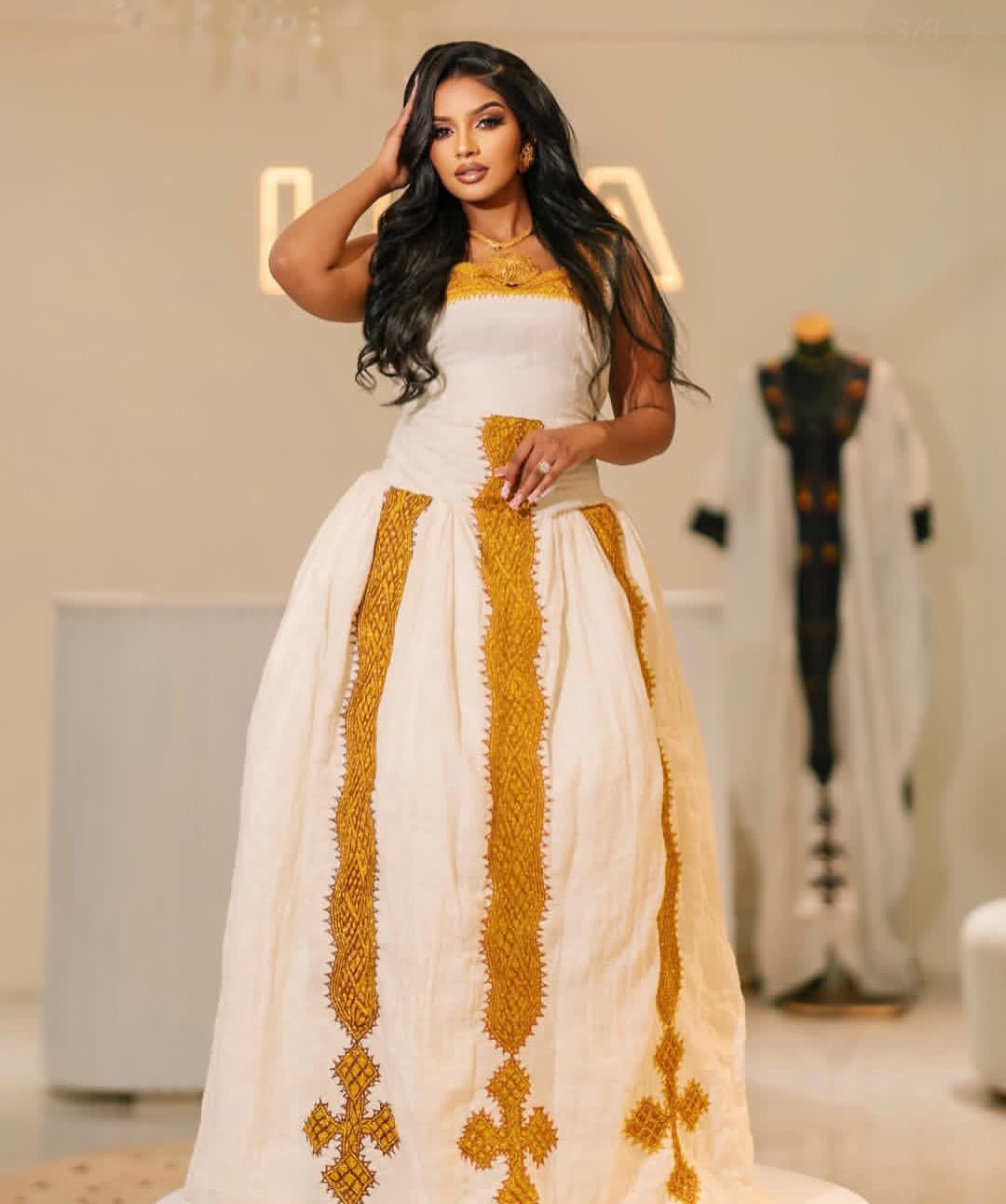 Elegant Ethiopian Dress with Gold Tibeb – Classic Habesha Kemis Style