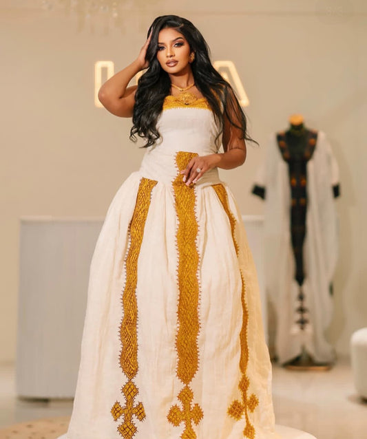 Elegant Ethiopian Dress with Gold Tibeb β Classic Habesha Kemis Style