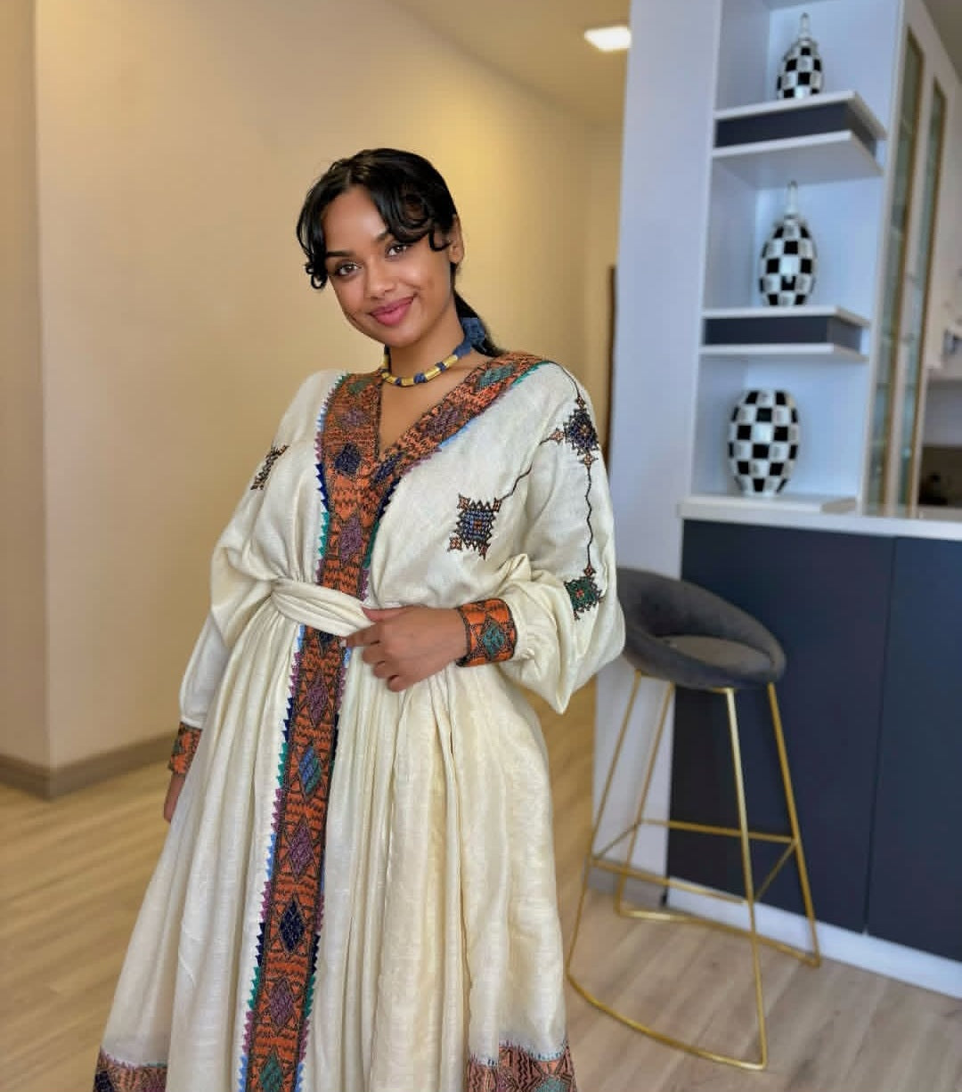 Artisanal Habesha Dress with Brown Tibeb – Handwoven Ethiopian Dress