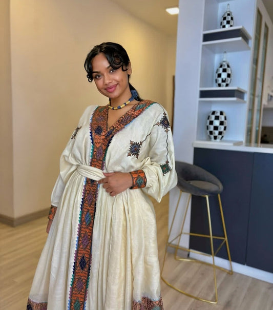 Artisanal Habesha Dress with Brown Tibeb – Handwoven Ethiopian Dress