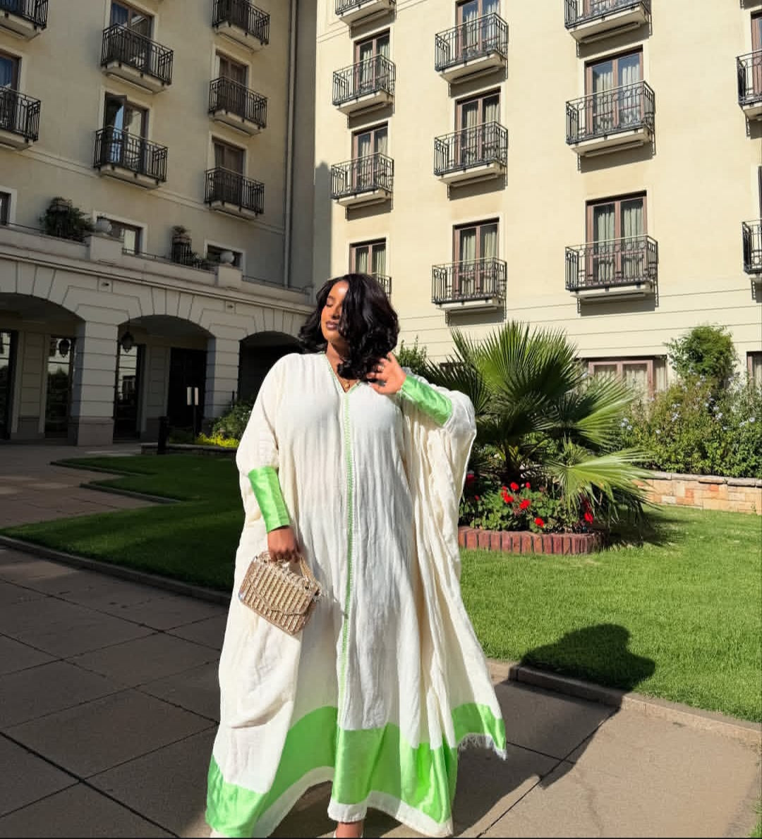 Comfortable Habesha Kaftan Dress with Green Accents – Casual Ethiopian Dress