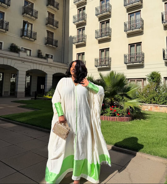 Comfortable Habesha Kaftan Dress with Green Accents β Casual Ethiopian Dress
