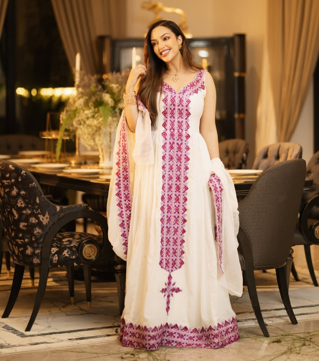 White Ethiopian Dress with Purple Tibeb – Classic Habesha Kemis for Women