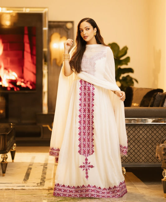 White Ethiopian Dress with Purple Tibeb β Classic Habesha Kemis for Women