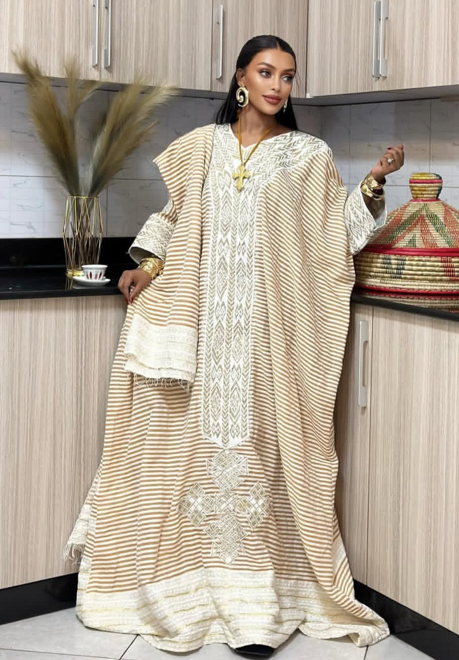 Authentic Beige Gonder Fetel Habesha Dress – Handwoven Ethiopian Kemis