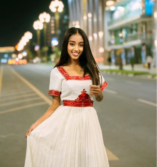 Vibrant Habesha Dress with Red Tibeb β Modern Ethiopian Traditional Dress