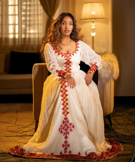 Elegant White Habesha Dress with Red Tibeb – Ethiopian Dress