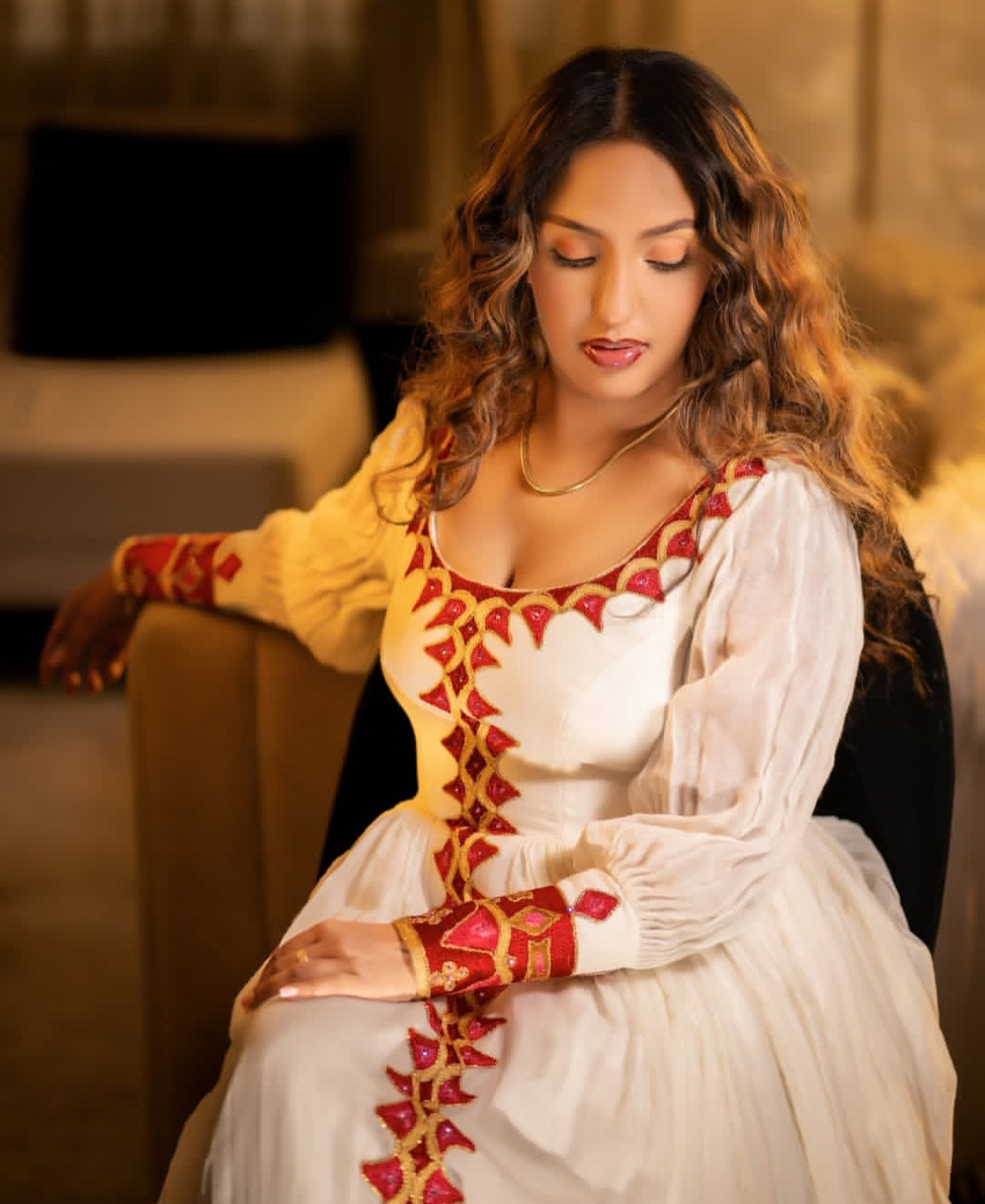 Elegant White Habesha Dress with Red Tibeb – Ethiopian Dress