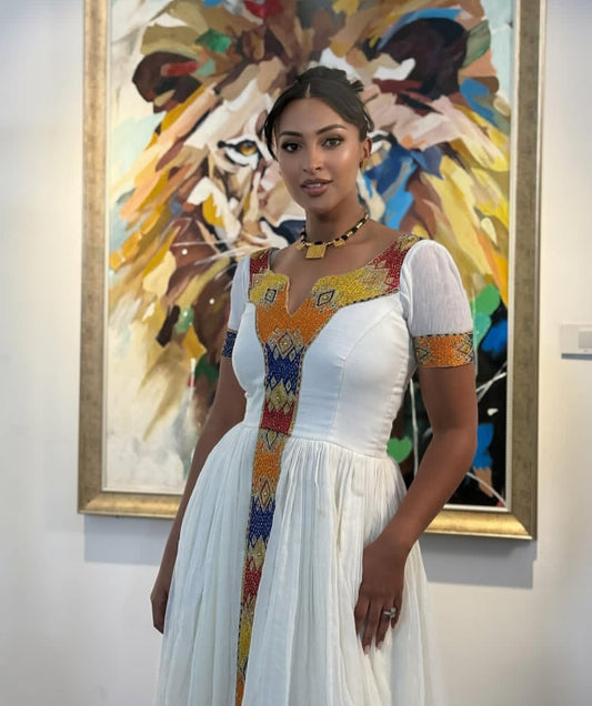 Vibrant Habesha Dress with gold Tibeb – Ethiopian Traditional Dress