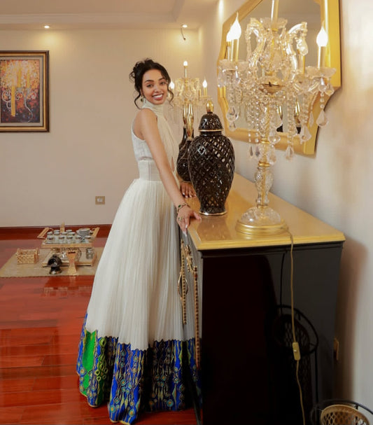 Colorful Habesha Dress with Blue Tibeb – Handmade Ethiopian Dress for Celebrations