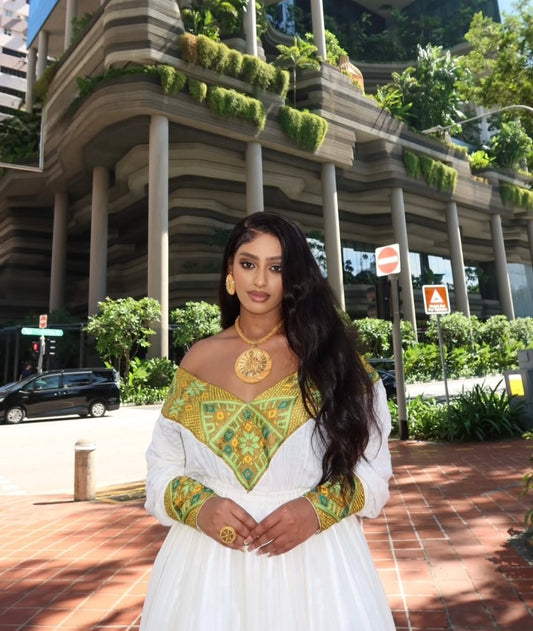 Modern Habesha Dress with Green Tibeb β Unique Ethiopian Kemis