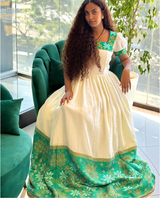 Classic Habesha Dress – Ethiopian Kemis with Green Tibeb and Puff Sleeves