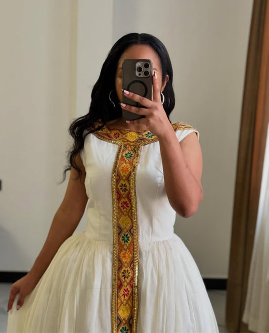 Rustic Gold Habesha Kemis – Ethiopian Traditional Dress with Unique Design