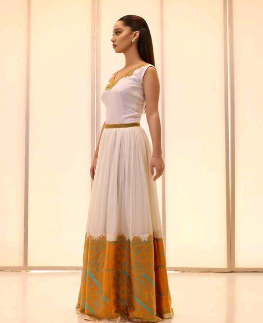 Modern Habesha Dress with Gold Tibeb – Ethiopian Traditional Kemis