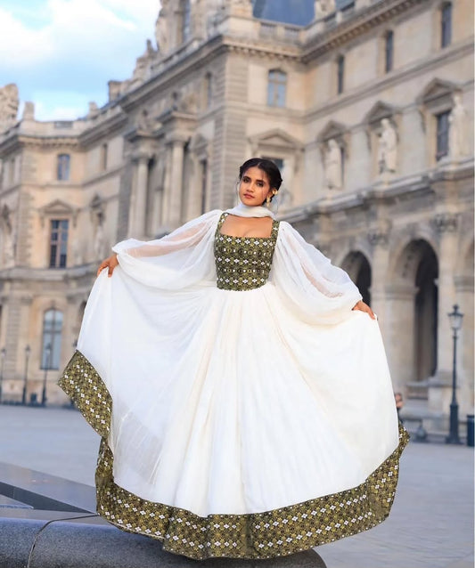 Chic Habesha Dress with Olive Green Tibeb β Modern Ethiopian dress