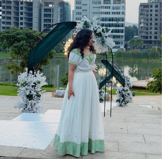 Classic White Habesha Kemis with Green Tibeb – Ethiopian Traditional Dress