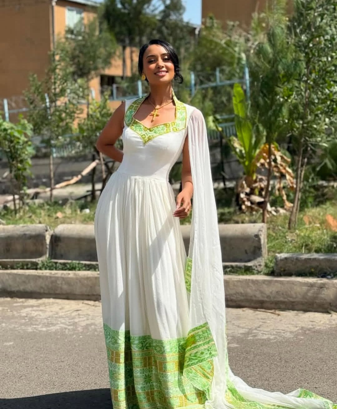 Graceful Wedding Dress with Green Tibeb & Shawl – Ethiopian Habesha Dress