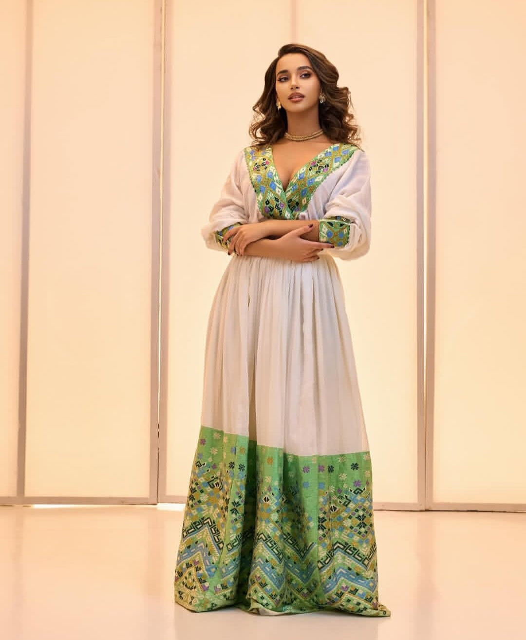 Modern Habesha Kemis with Green Tibeb – Stylish Ethiopian Dress for Events