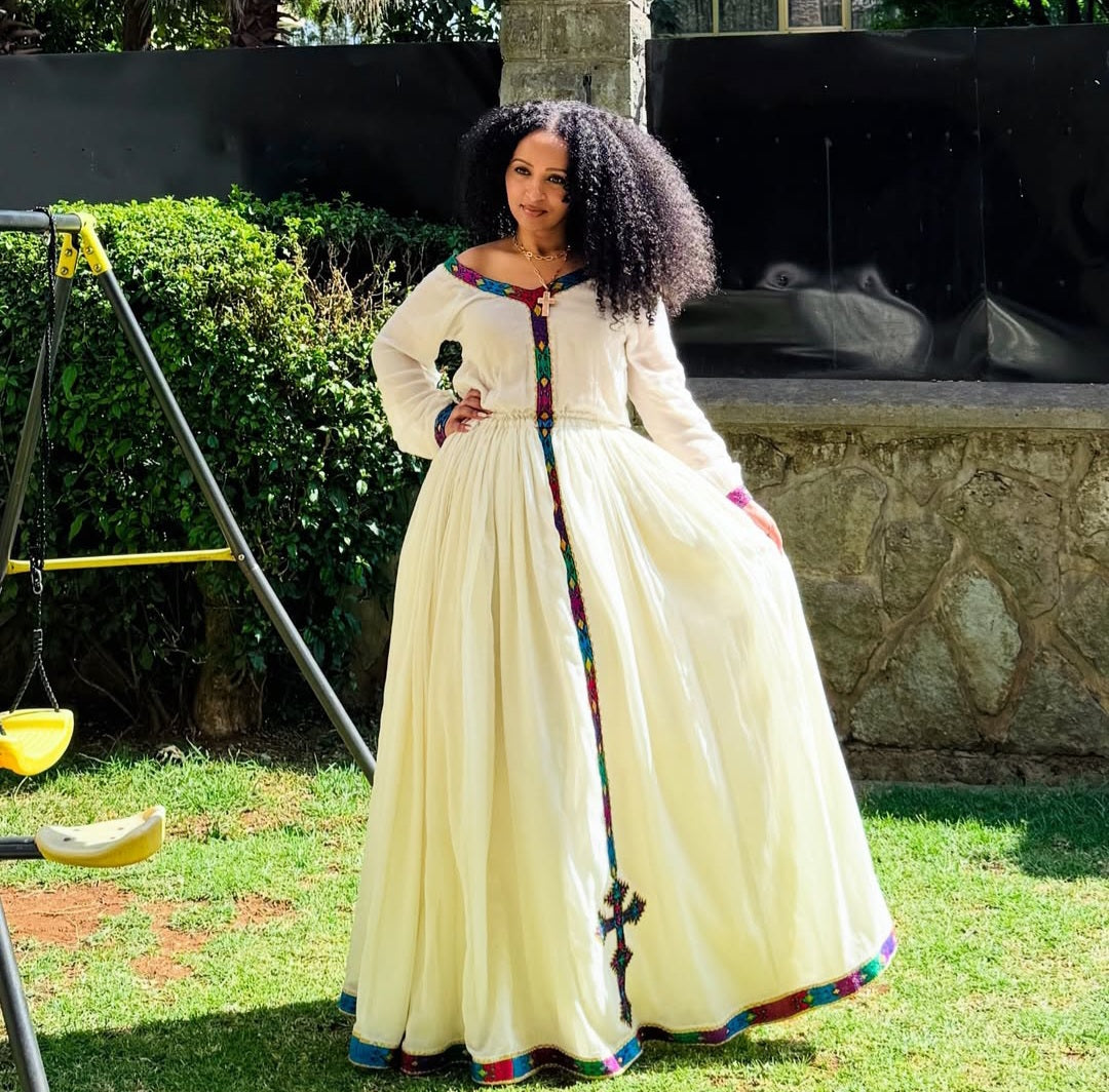 simple Habesha Dress with colorful Tibeb – Handmade Ethiopian Traditional Dress