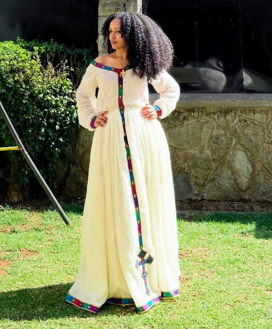 simple Habesha Dress with colorful Tibeb – Handmade Ethiopian Traditional Dress