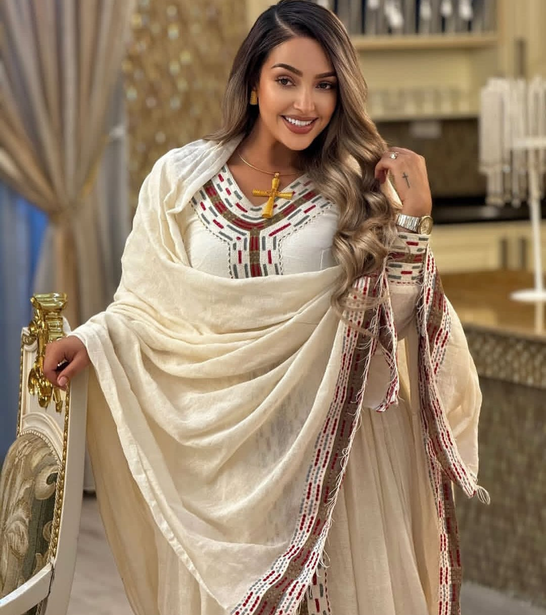 Traditional Habesha Dress with Beige Tibeb & Shawl – Ethiopian Cultural Attire