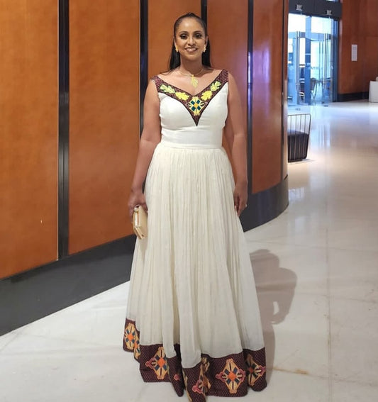 Traditional Habesha Kemis with Brown Tibeb β Elegant Ethiopian Dress