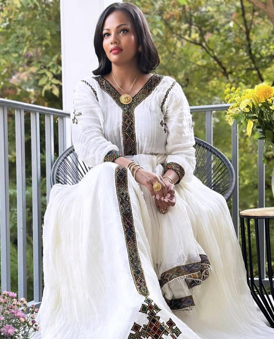 Habesha Dress dark tibeb and cross motifs β Ethiopian Traditional Dress for Women