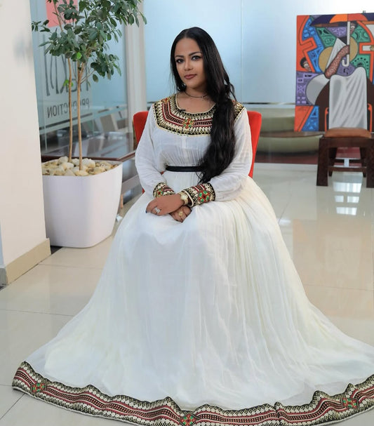 Vibrant Ethiopian Traditional Dress – Habesha Kemis with Multi-Color Tibeb & Round Neckline