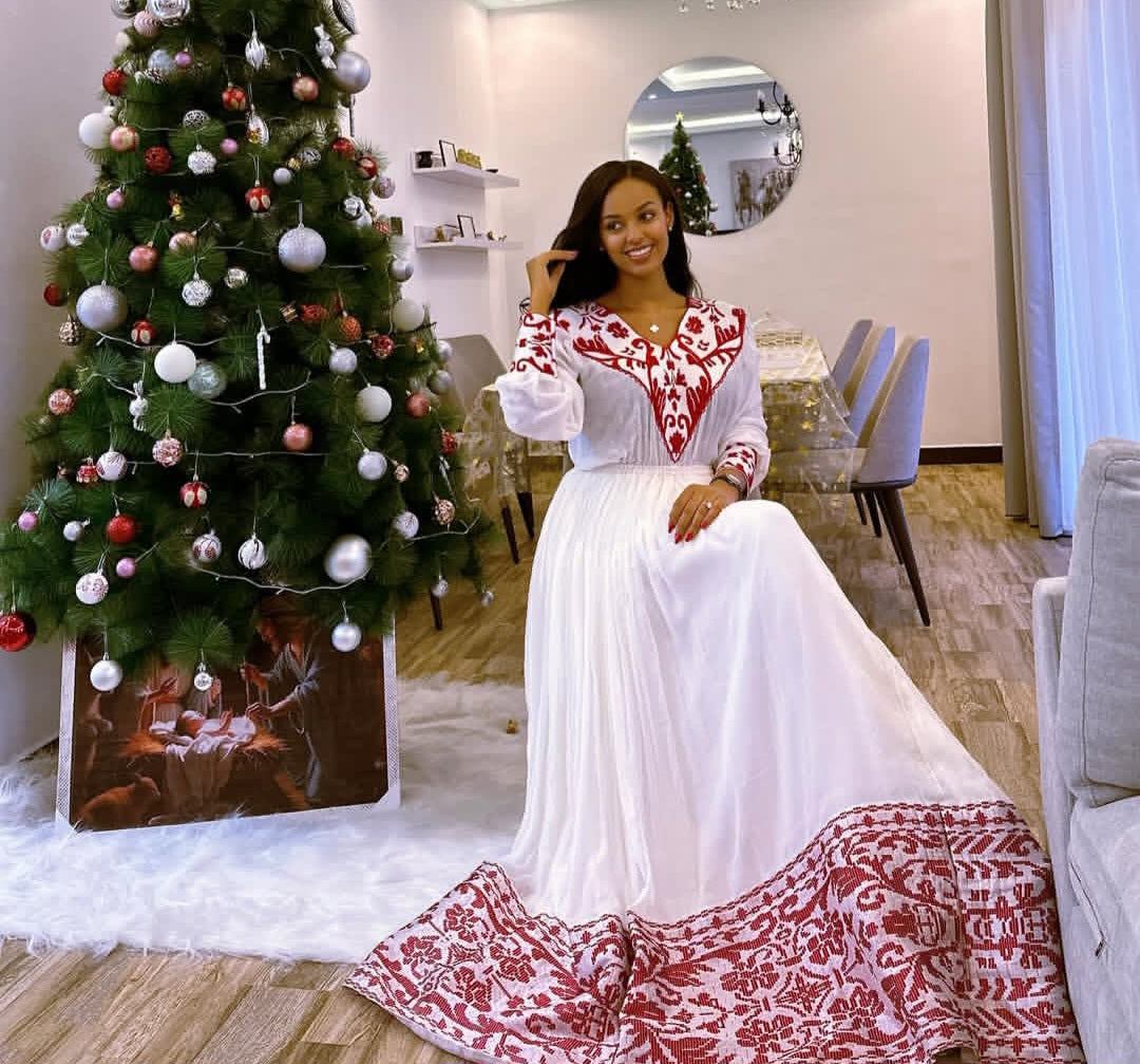 Classic Ethiopian Dress – White Habesha Kemis with Rich Red Tibeb Embroidery