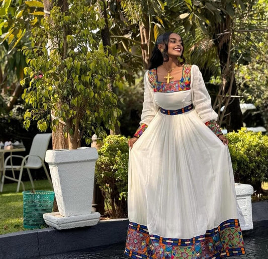 Colorful Habesha Dress – Ethiopian Kemis with Square Neckline Blue Tibeb Accents