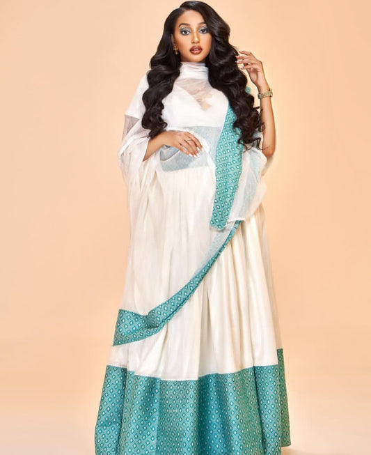 Stylish Habesha Dress – Ethiopian Kemis with V-Neck & Blue Geometric Tibeb