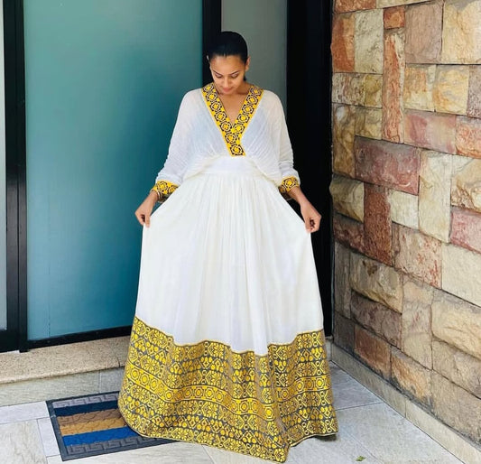 Classic Habesha Kemis with Yellow Tibeb – Timeless Ethiopian Traditional Dress