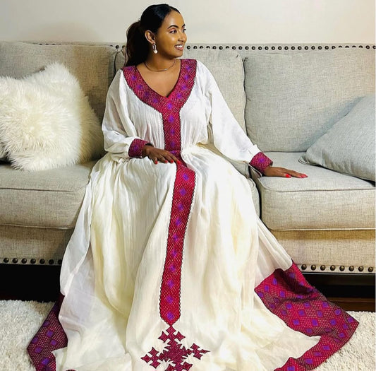 Festive Habesha Kemis – White Ethiopian Dress with Rich purple Tibeb & Square Details