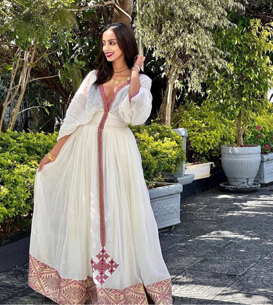 Authentic Habesha Dress – Deep V-Neck Ethiopian Traditional Dress with purple Tibeb