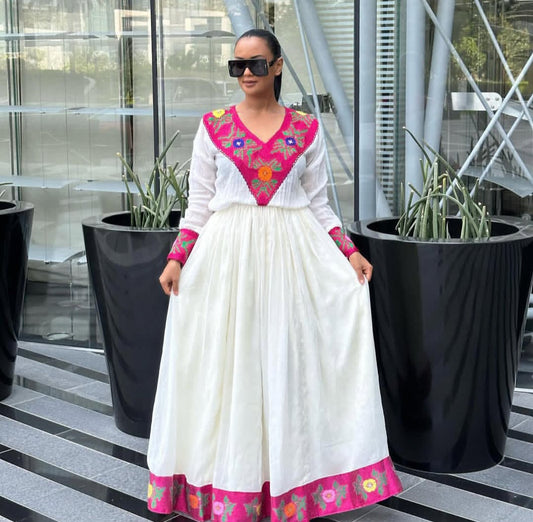 Bright Habesha Dress with Pink Tibeb – Lively Ethiopian Attire