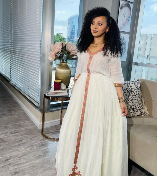 Graceful Ethiopian Dress with Rose Gold Tibeb – Modern Habesha Kemis