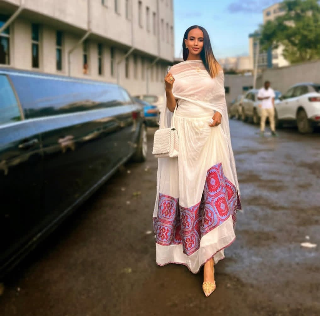 Classic Habesha Dress with puple Tibeb – Authentic Ethiopian Kemis
