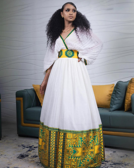 Modern Habesha Kemis with Green Tibeb β Stylish Ethiopian Dress